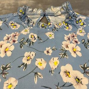 Floral Ruffle Neck Blouse Womens Shirt Blue/white